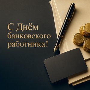 Открытка на День банковского работника с ручкой, монетами и банковской картой