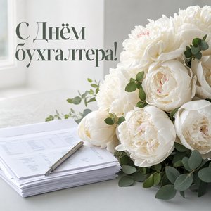 Открытка на День бухгалтера с букетом белых пионов