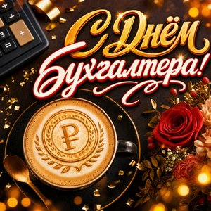 Открытка на День бухгалтера с капучино и калькулятором