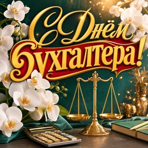 Открытка на День бухгалтера с орхидеями и весами