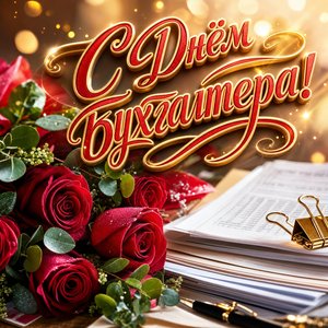 Открытка на День бухгалтера с розами и документами