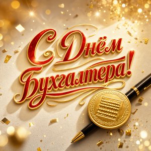 Открытка на День бухгалтера с золотой монетой и ручкой