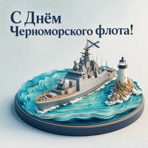 Открытка на День Черноморского флота ВМФ России с 3D-кораблём на волнах