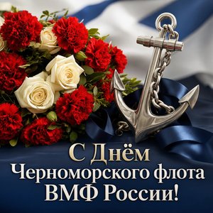 Открытка на День Черноморского флота ВМФ России с букетом и якорем