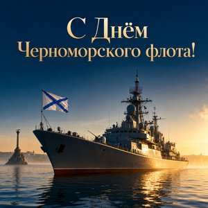 Открытка на День Черноморского флота ВМФ России с кораблём в Севастопольской бухте