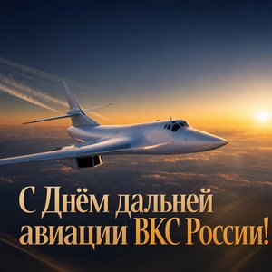 Открытка на День дальней авиации ВКС России с самолётом на рассвете