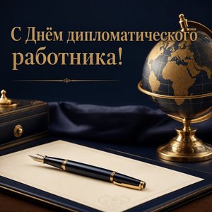 Открытка на День дипломатического работника с глобусом и перьевой ручкой