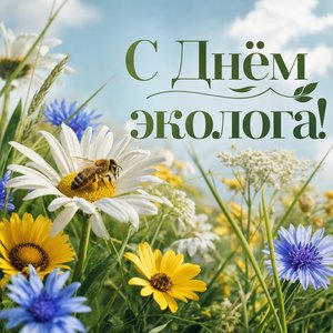 Открытка на День эколога с пчелой и полевыми цветами