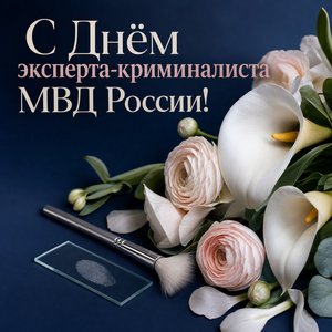 Открытка на День эксперта-криминалиста МВД России с белыми цветами и кистью