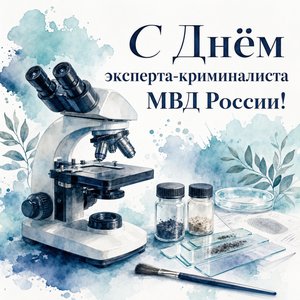 Открытка на День эксперта-криминалиста МВД России с микроскопом и образцами