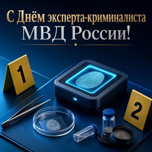 Открытка на День эксперта-криминалиста МВД России со сканером отпечатков и маркерами улик