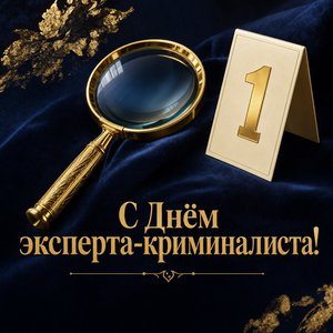 Открытка на День эксперта-криминалиста с золотой лупой и маркером улики