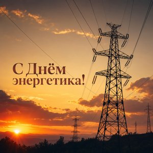 Открытка на День энергетика с опорой ЛЭП на закате