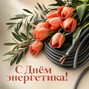 Открытка на День энергетика с тюльпанами и кабелем