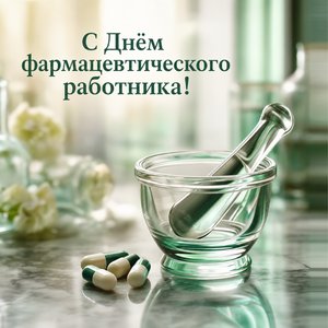 Открытка на День фармацевтического работника со стеклянной ступкой