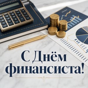 Открытка на День финансиста с калькулятором и золотой ручкой