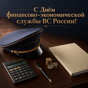Открытка на День финансово-экономической службы Вооруженных сил России с фуражкой и калькулятором