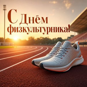 Открытка на День физкультурника с беговыми кроссовками на стадионе
