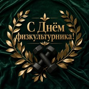Открытка на День физкультурника с гантелями и лавровыми ветвями