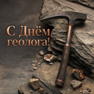 Открытка на День геолога с геологическим молотком