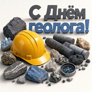 Открытка на День геолога с каской и минералами