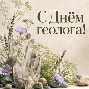 Открытка на День геолога с полевыми цветами и кварцем