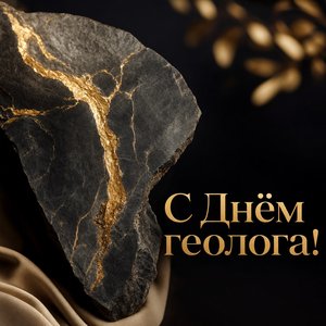 Открытка на День геолога с золотой жилой в породе