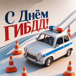 Открытка на День ГИБДД МВД России с 3D патрульной машиной и конусами