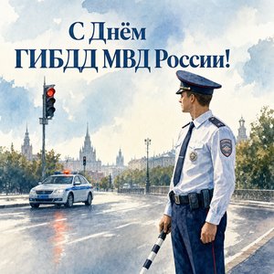 Открытка на День ГИБДД МВД России с акварельным инспектором у дороги