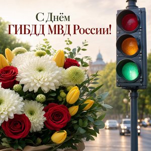 Открытка на День ГИБДД МВД России с букетом цветов и светофором