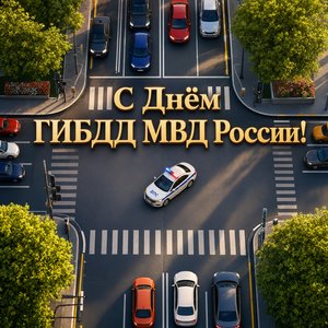 Открытка на День ГИБДД МВД России с городским перекрёстком и патрульной машиной