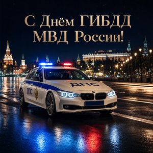 Открытка на День ГИБДД МВД России с патрульным автомобилем на ночной улице