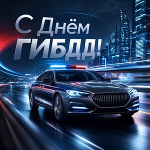 Открытка на День ГИБДД МВД России с патрульным автомобилем на футуристичной трассе