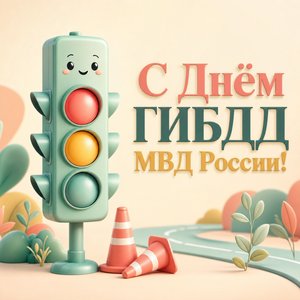 Открытка на День ГИБДД МВД России со светофором и дорожными конусами