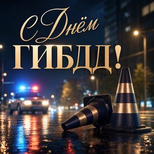 Открытка на День ГИБДД с ночным перекрёстком