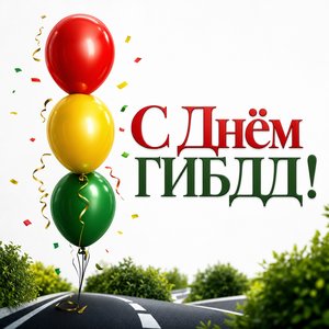 Открытка на День ГИБДД с шарами цветов светофора