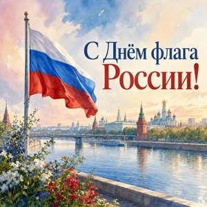 Открытка на День Государственного флага России с акварельным флагом у реки