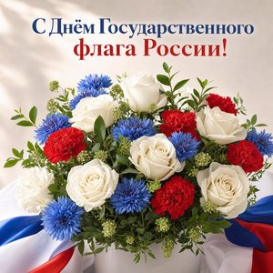 Открытка на День Государственного флага России с букетом триколор
