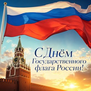 Открытка на День Государственного флага России с флагом над Кремлём