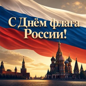 Открытка на День Государственного флага России с собором Василия Блаженного и флагом