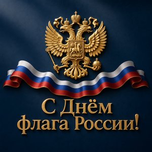 Открытка на День Государственного флага России с золотым орлом и лентой