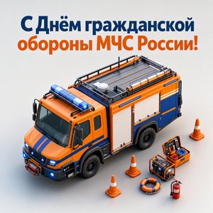 Открытка на День гражданской обороны МЧС России с аварийно-спасательным автомобилем