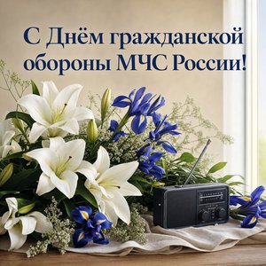 Открытка на День гражданской обороны МЧС России с букетом и радиостанцией