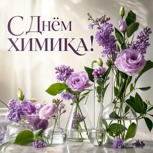 Открытка на День химика с колбами и цветами