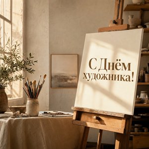 Открытка на День художника с мольбертом и кистями