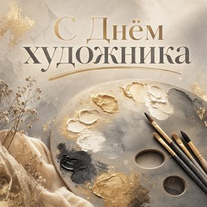 Открытка на День художника с палитрой и золотыми акцентами