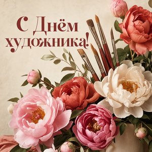 Открытка на День художника с пионами и кистями