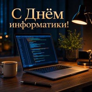 Открытка на День информатики с ноутбуком и кодом