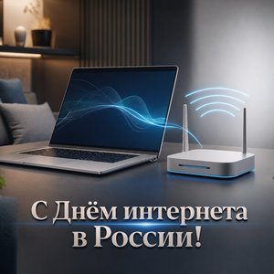 Открытка на День интернета в России с ноутбуком и Wi‑Fi роутером