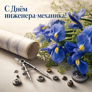 Открытка на День инженера-механика с ирисами и чертёжным циркулем